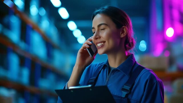 A female depot worker in coveralls under vivid blue light answers a landline hyper realistic inventory lists glowing on a clipboard moody shadows on shelves bold colors in par