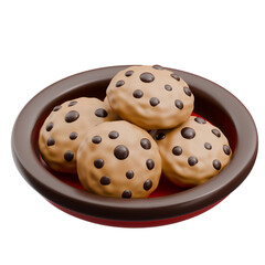 A delightful 3D rendered illustration showcasing a stack of classic chocolate chip cookies artfully arranged on a charming brown plate, perfect for symbolizing delicious snacks and sweet indulgences