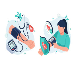 Blood pressure check illustration isolated on white background, depicting medical devices and a person monitoring health, emphasizing healthcare, prevention, and wellbeing in a modern design