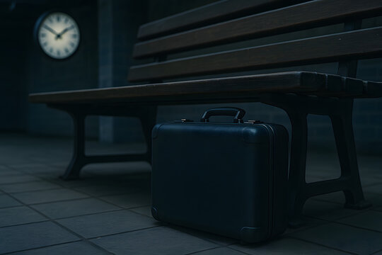 Black travel suitcase placed beneath a modern public bench in an empty waiting area, dark luggage bag at transportation station, business travel concept, airport terminal, train station, commuter jour
