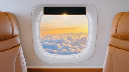 Naklejka premium Cozy airplane seat with a view of colorful sunset clouds through the window during a tranquil flight experience