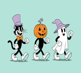 Vintage halloween cartoon characters isolated on white background a black cat in a top hat, a pumpkinheaded figure, and a ghost wearing a witchs hat, all walking in a row