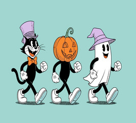 Vintage halloween cartoon characters isolated on white background a black cat in a top hat, a pumpkinheaded figure, and a ghost wearing a witchs hat, all walking in a row