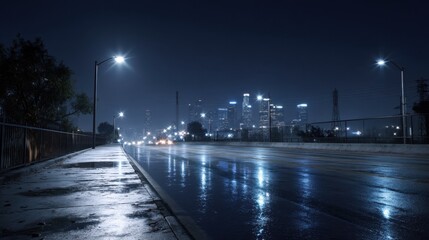 Fototapeta premium An empty road and sidewalk with city lights glowing in the distance at night, reflections on pavement, photorealistic and cinematic.