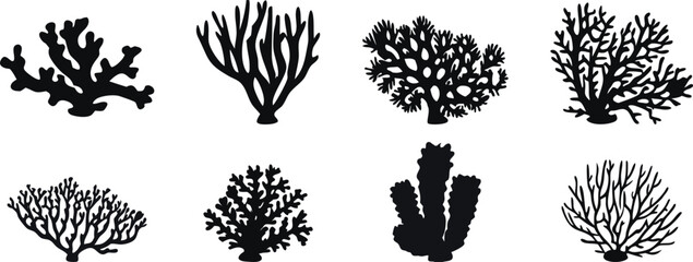 Black coral silhouette set. Diverse marine shapes for ocean-themed design