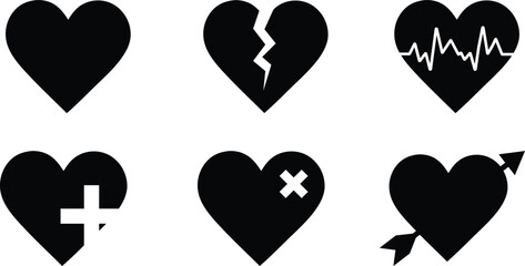 Black heart icon set. Broken, Medical, Love, Healing & Symbolic Variants
