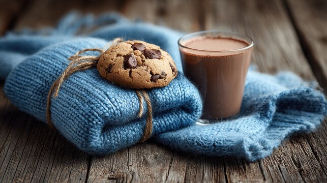 Chocolate chip cookie and hot chocolate on a cozy blue knit blanket on rustic wooden surface