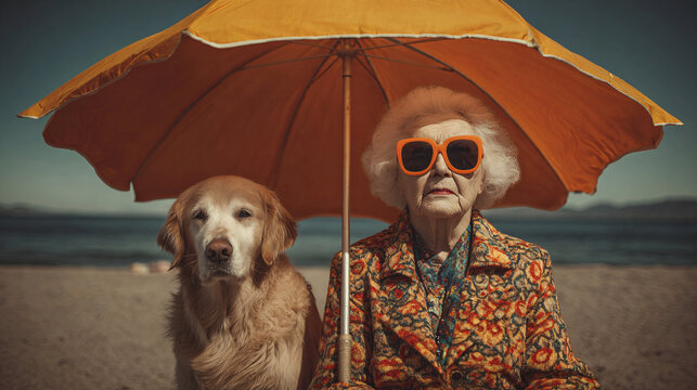 Elderly woman with dog on beach, finding shade under an orange umbrella - Powered by Adobe