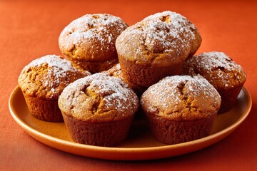 Plate of Pumpkin Gingerbread Muffins dusted with powdered sugar. Warm orange background enhances cozy, inviting feel. Concept of moist gingerbread muffins with pumpkin flavor.