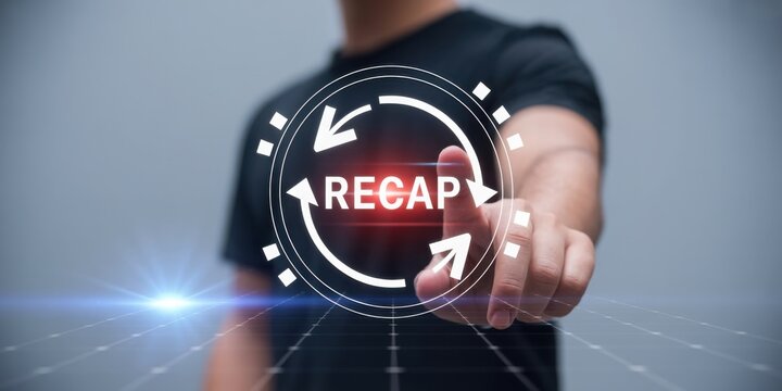 Recap and Reminder Concept: A hand points toward the word Recap inside of a circular design that evokes the concept of reviewing and reflecting.
