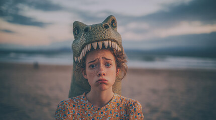 Girl making a sad face with a dinosaur head costume on a gloomy beach