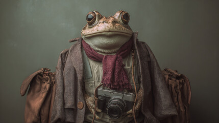Frog traveler wearing coat, scarf, and vintage camera, ready for adventure