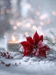 A red poinsettia and glowing candle resting in snow with soft light, white background, and gentle fir accents, creating a peaceful winter holiday atmosphere.