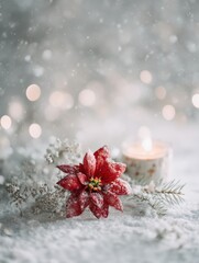A red poinsettia and glowing candle resting in snow with soft light, white background, and gentle fir accents, creating a peaceful winter holiday atmosphere.