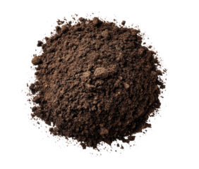 Close-up view of a dark brown soil pile, spherical shape, textured surface