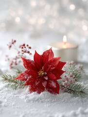 A red poinsettia and glowing candle resting in snow with soft light, white background, and gentle fir accents, creating a peaceful winter holiday atmosphere.