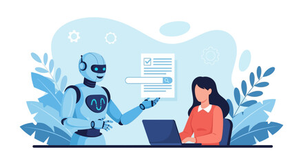 Ai assisted research robot helping a woman with search using a laptop in a modern office illustrating ai technology and innovation.