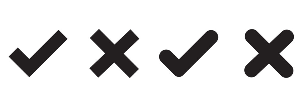 Right or wrong icons. True or false. Correct or  incorrect. Tick and cross icons, symbols set. Yes or no symbol, approved or rejected icon for user interface.