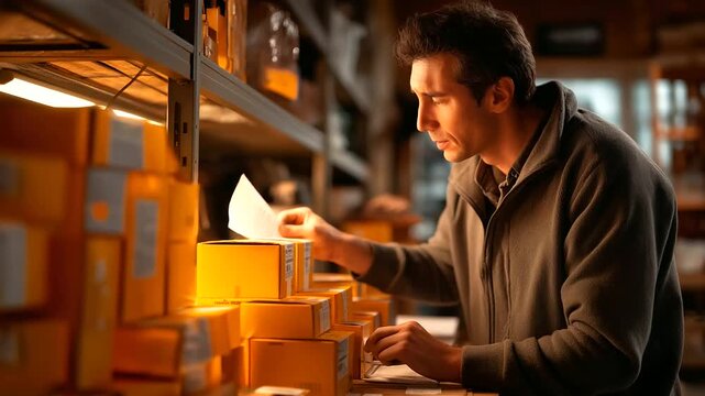 A warehouse worker with an impairment under bold yellow light organizes inventory in a cozy supply room hyper realistic boxes glowing with labels moody shadows on shelves brig