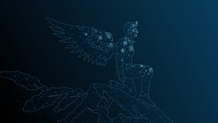A man Icarus stands on the edge of a cliff. A man with wings behind a kick before flight.Vector abstract illustration wireframe, network, low poly.