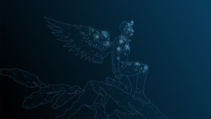 A man Icarus stands on the edge of a cliff. A man with wings behind a kick before flight.Vector abstract illustration wireframe, network, low poly.
