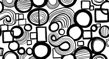 Abstract black and white artwork featuring various geometric and organic shapes.