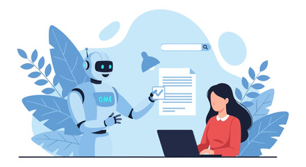 Ai data analysis robot assistant helping a businesswoman with document review on laptop in a modern office illustrating future of work