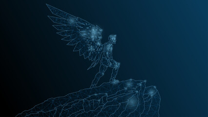 A man Icarus stands on the edge of a cliff. A man with wings behind a kick before flight.Vector abstract illustration wireframe, network, low poly.