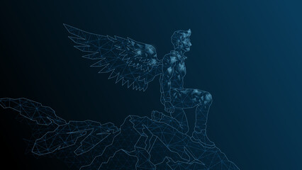 A man Icarus stands on the edge of a cliff. A man with wings behind a kick before flight.Vector abstract illustration wireframe, network, low poly.