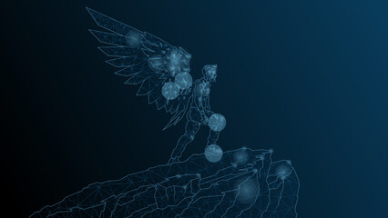 A man Icarus stands on the edge of a cliff. A man with wings behind a kick before flight.Vector abstract illustration wireframe, network, low poly.