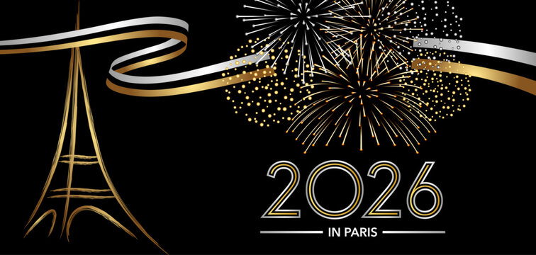 2026 - Banni&egrave;re pour f&ecirc;ter le nouvel an sur le th&egrave;me des festivit&eacute; nocturnes &agrave; Paris avec des feux d&rsquo;artifice et la tour Eiffel stylis&eacute;e - or et argent sur fond noir.