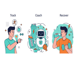 Illustration depicting a person tracking their diet, a robot coach, and a person recovering with water and weights isolated on white background