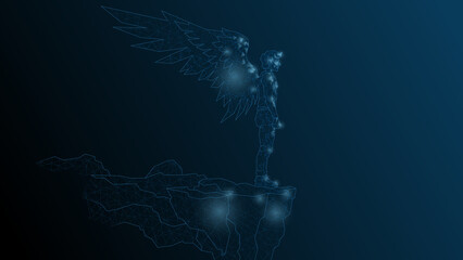 A man Icarus stands on the edge of a cliff. A man with wings behind a kick before flight.Vector abstract illustration wireframe, network, low poly.