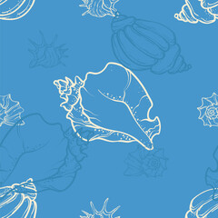 Elegant seamless pattern with marine seashells and starfish drawn in delicate blue line art on a deep ocean background. Perfect for summer textiles, beachwear, wrapping paper, or coastal home decor.
