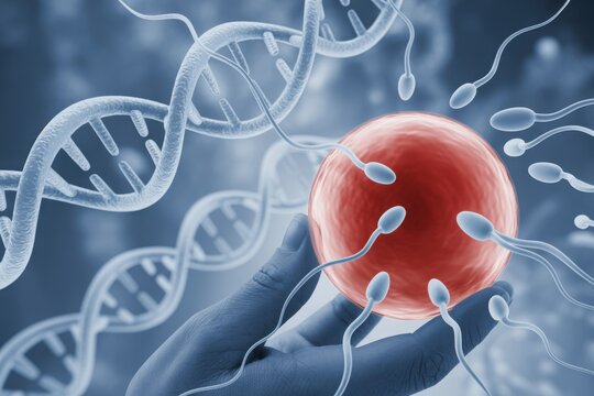 Fertilization: A visual representation of the intricate process of fertilization, showcasing sperm interacting with an ovum, set against a backdrop of a DNA strand