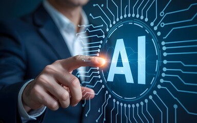 Futuristic AI concept with a businessman touching the glowing AI inscription on a digital circuit background, representing technology and innovation
