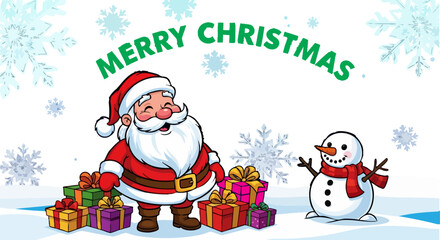 Santa claus wishes merry christmas with snowman gifts