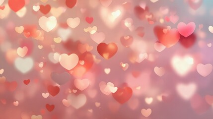 Soft glowing hearts float on a dreamy gradient background in shades of red and pink, creating a warm and romantic love scene.