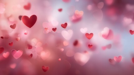 Soft glowing hearts float on a dreamy gradient background in shades of red and pink, creating a warm and romantic love scene.