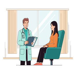 A doctor is consulting with a female patient in the office, the doctor is holding a tablet and the patient is sitting on a chair, isolated on white background