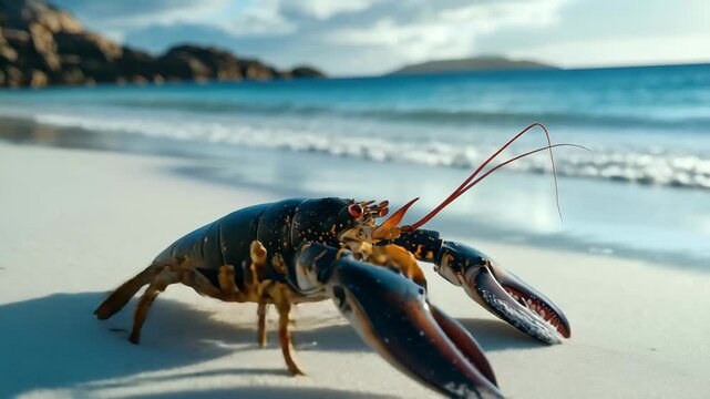 A lobster is seen walking on the beach, with its claws raised, as waves gently lap against the shore under a bright blue sky filled with scattered clouds.