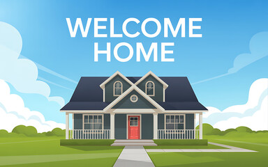 Fototapeta premium Welcome home text over a suburban house illustration