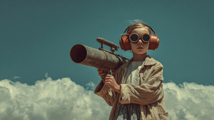 Obraz premium Child carrying large bazooka weapon in post-apocalyptic desert landscape
