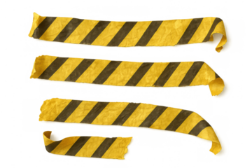 Yellow and black warning crime scene tape creating a hazard barrier and restricting access, transparent background