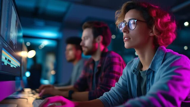 A filmmaking team under vibrant purple light creates a video using AI text to video tools hyper realistic editing timelines glowing moody shadows in a modern studio bold color