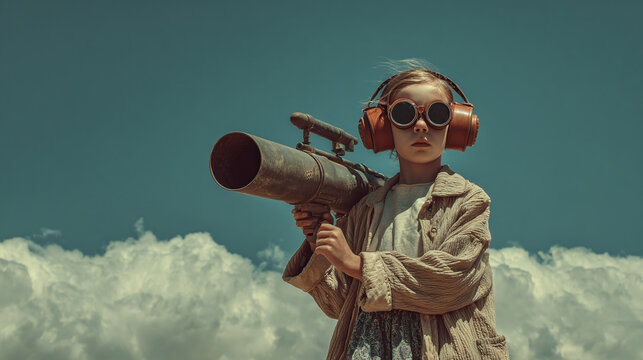Child carrying large bazooka weapon in post-apocalyptic desert landscape