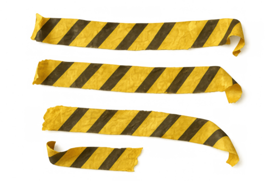 Yellow and black warning crime scene tape creating a hazard barrier and restricting access, transparent background
