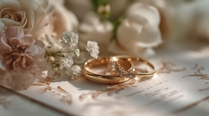 Wedding rings resting on flowers and a wedding invitation, soft natural lighting emphasizing elegance and detail.