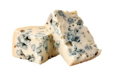 Two slices of blue cheese, pale cream color with scattered dark blue veins