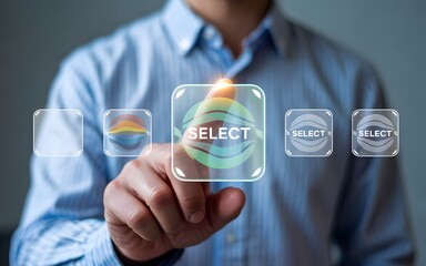 Businessman making a critical choice on a futuristic holographic touch screen interface, pressing the glowing select button